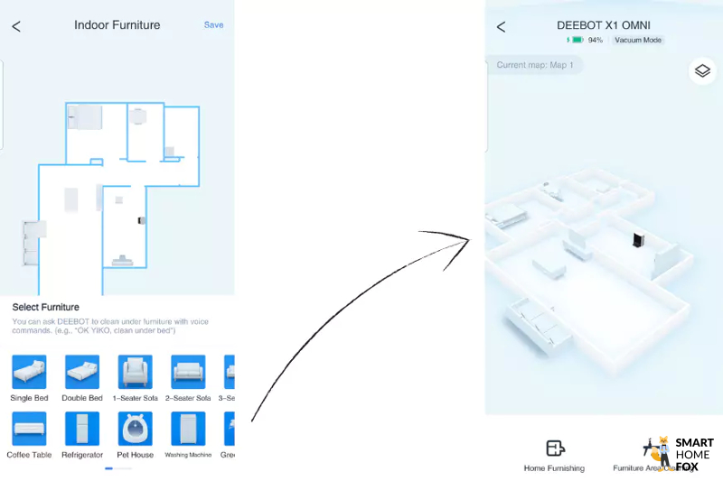 Furniture pieces are placed in the 3D map of the Ecovacs Deebot X1 OMNI